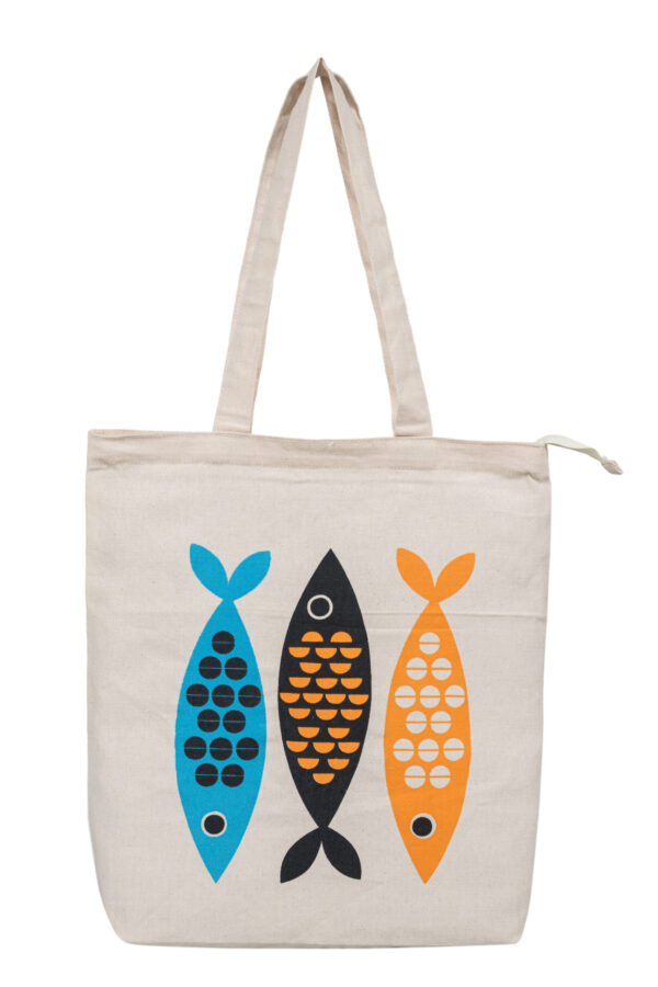 Cotton Bags Organic with Zip Printed Fish Design - Image 2